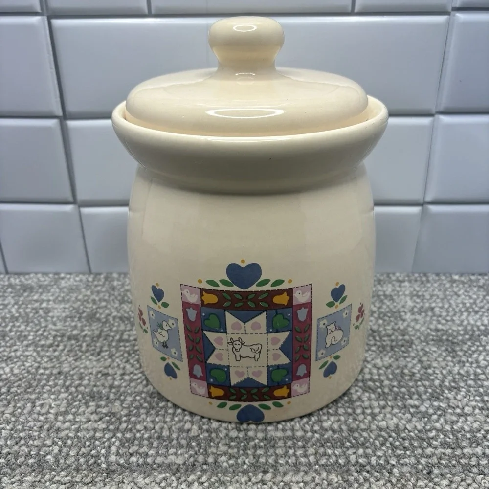 Country Quilt Canister VTG Ceramic Made In Mexico Lofisa Cottage Core Ducks Cats